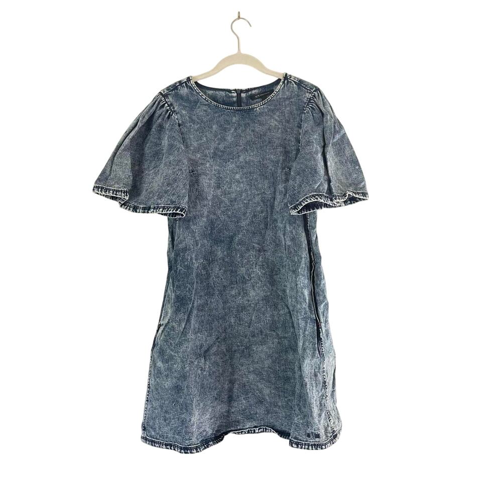 Soft Grunge Acide Washed Denim Dress Womens 4 Flutter Sleeves Indie Sleaze